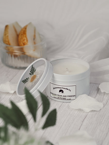 English Pear and Freesia Pressed Flowers Soy Candle - handmade in Orkney - Moonshine Candle Co.