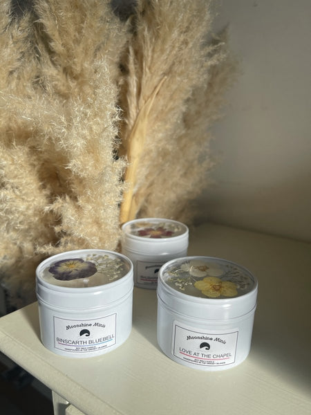 Love at the Chapel Pressed Flowers Soy Candle - handmade in Orkney - Moonshine Candle Co.
